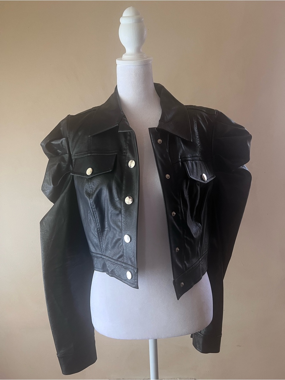 Black Faux Leather Puff-Sleeve Cropped Jacket by